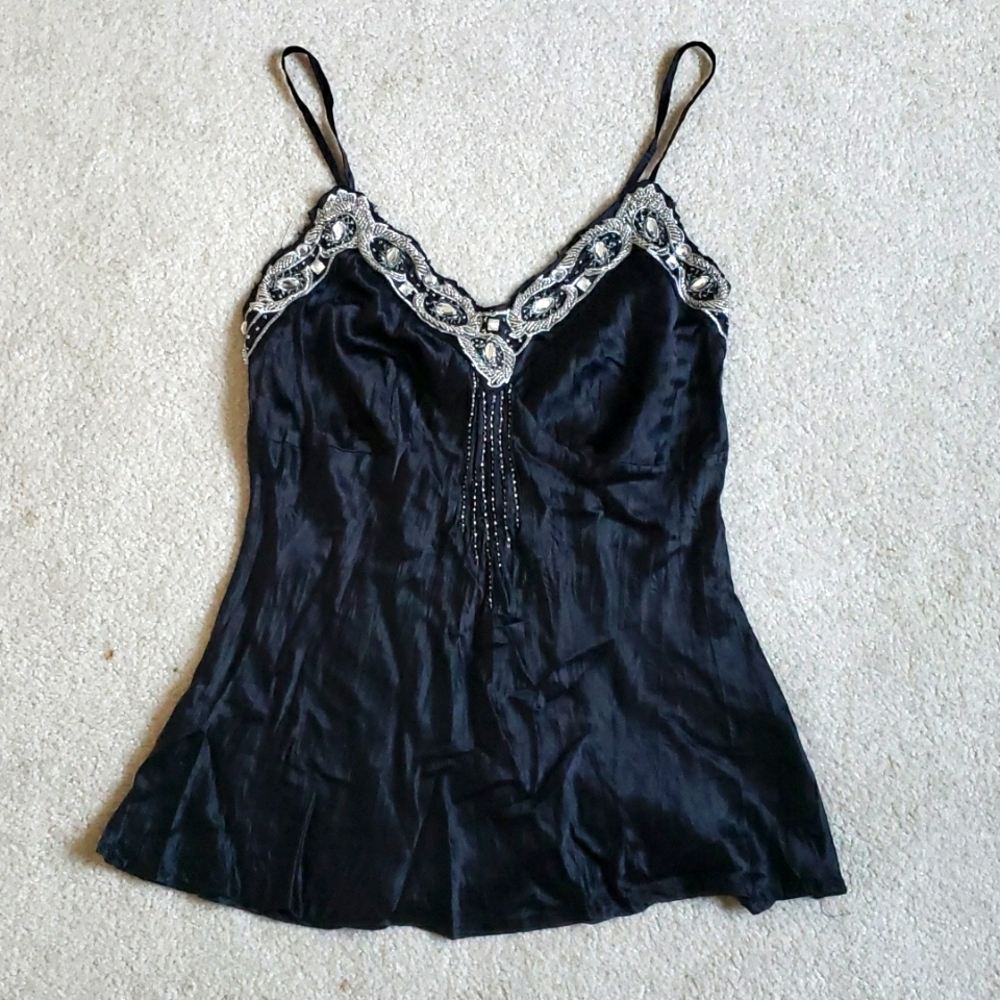 Excellent Condition Black Satin Camisole Top with Gemstone Decorations, Size S